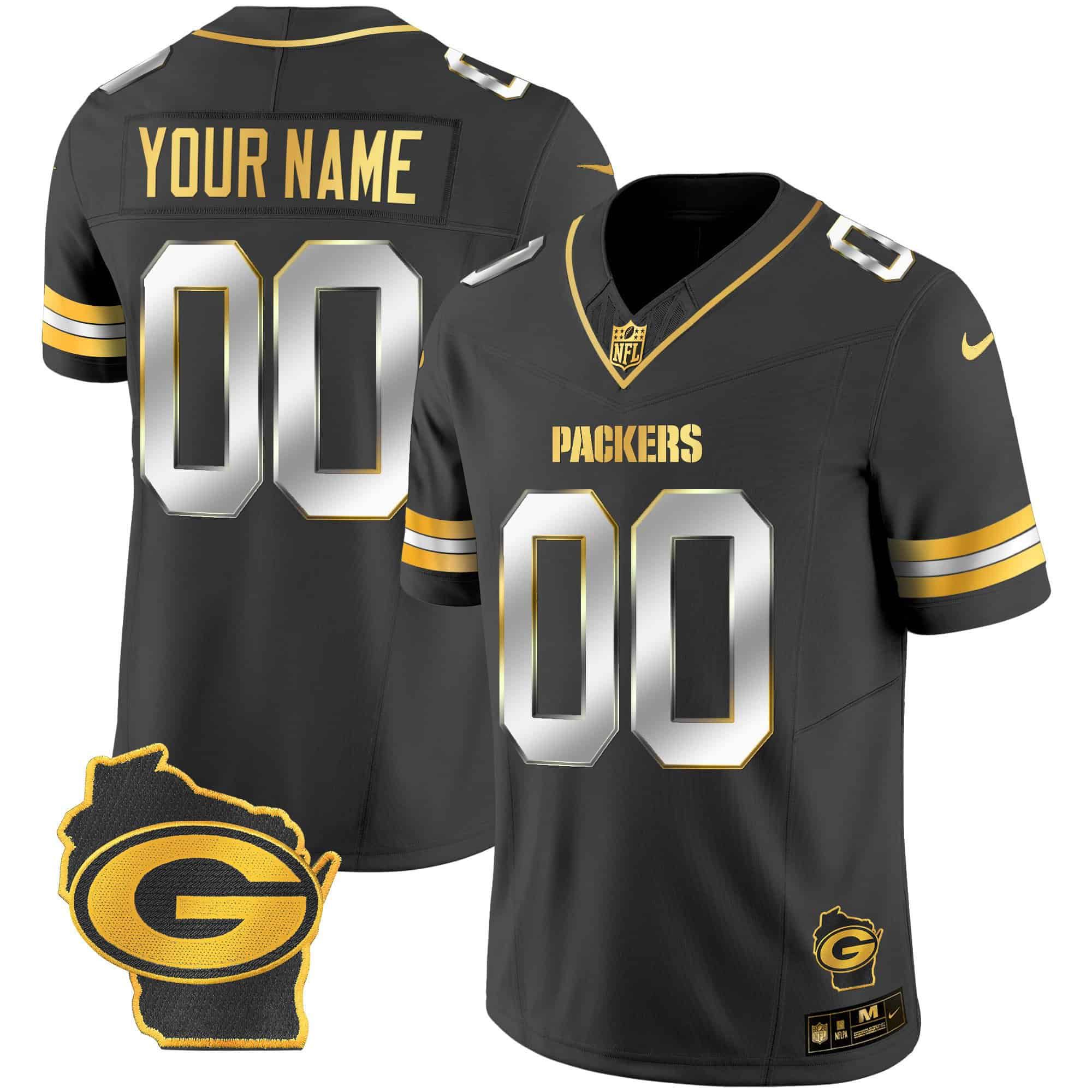 Men Green Bay Packers Black Gold 2024 Nike Home Patch Vapor Custom NFL Jersey style 1